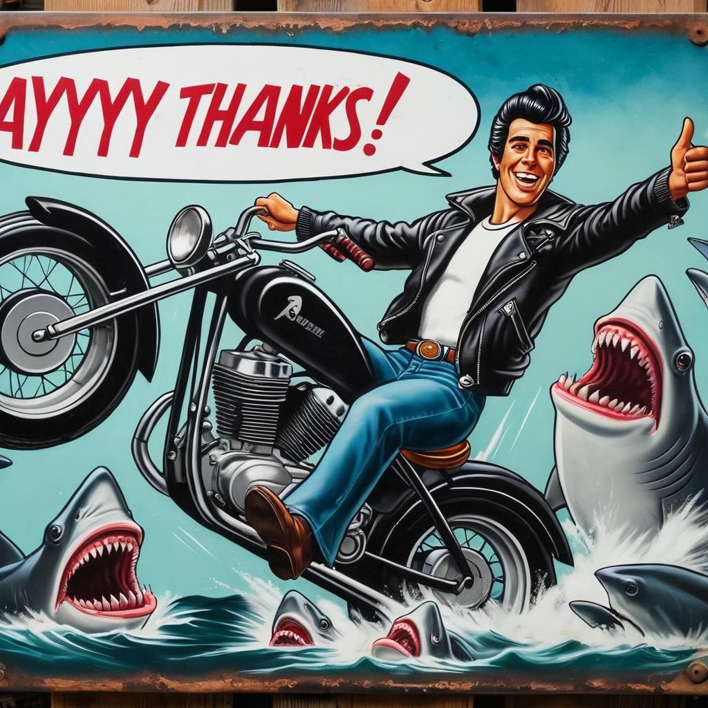 Fonzie Motorcycle Shark Jump: Vintage Enamel Sign