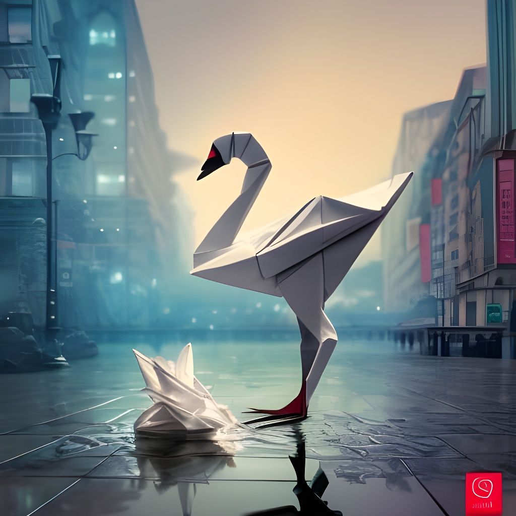 Origami Swan Reflection in Hyperdetailed Cityscape