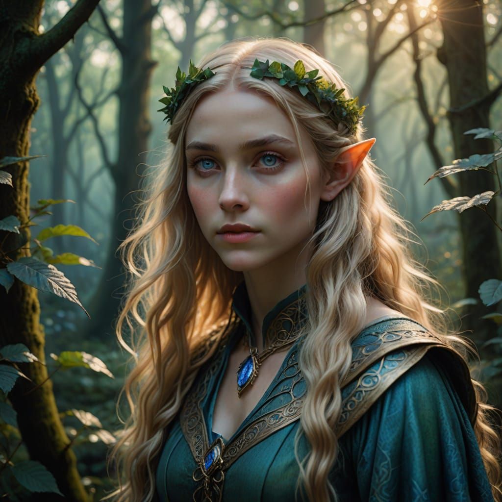 Ethereal Female Elf in Enchanted Pre-Raphaelite Landscape