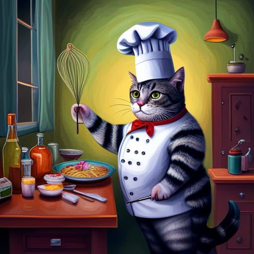 Chef Cat with Whisk in Paper Marbling Style