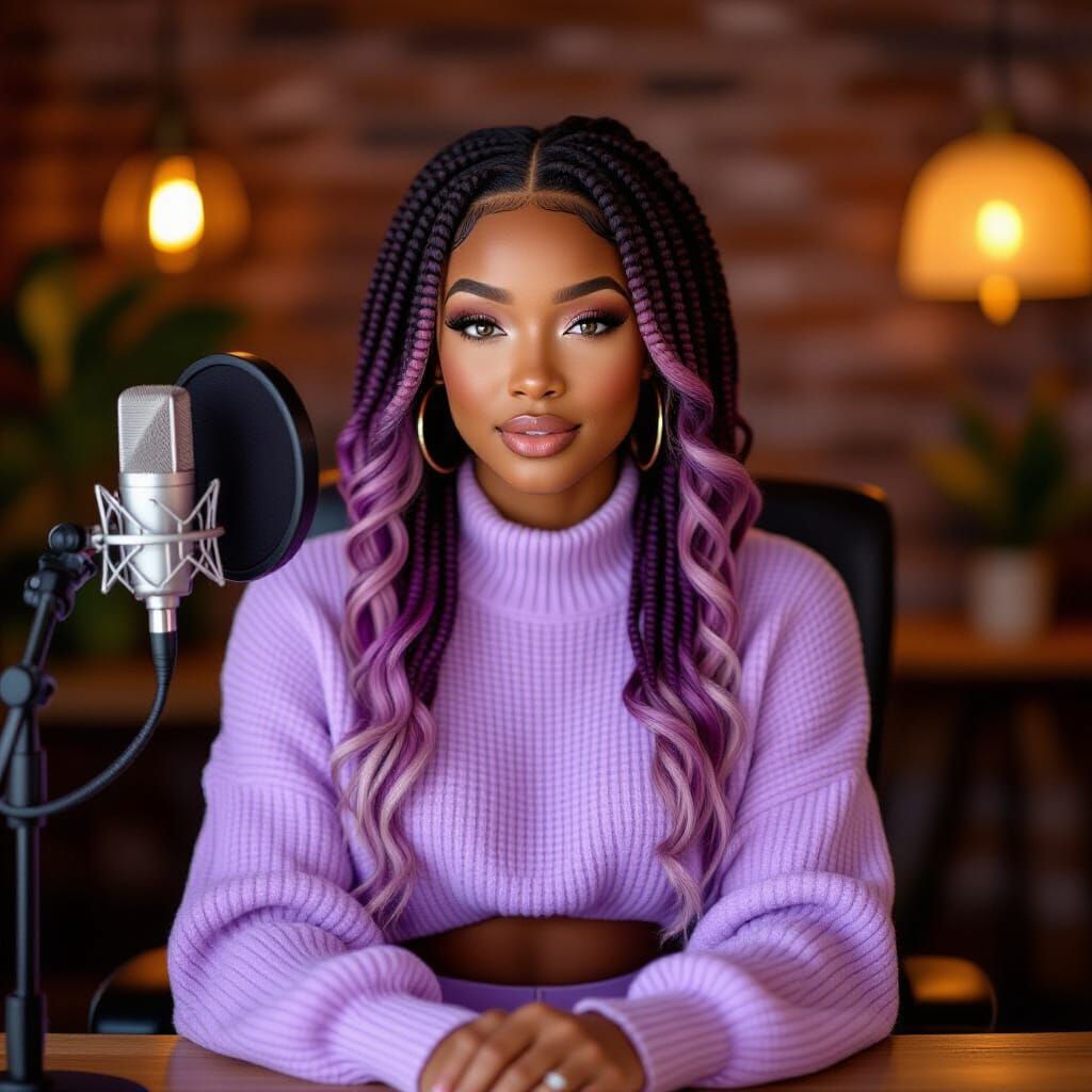 Elegant Black Woman in Lavender Knit Set, Cozy Studio Portra...