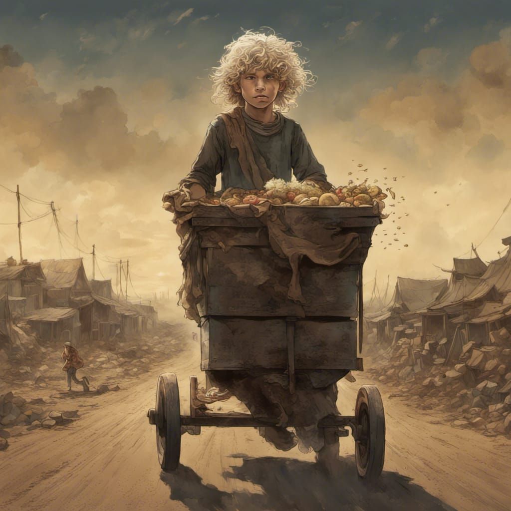 Hungry Boy Steals Food on Dusty Road: Matte Painting