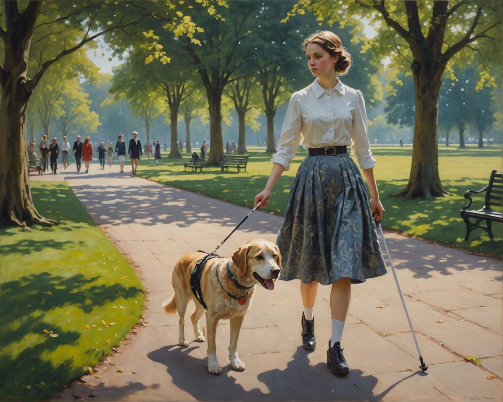 Blind Girl Walks in Park: Realist Oil Painting