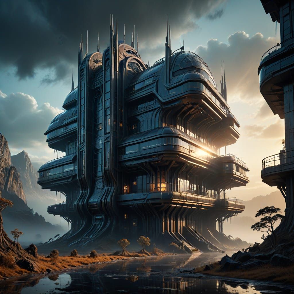 Majestic Futuristic Structure in Atmospheric Mist