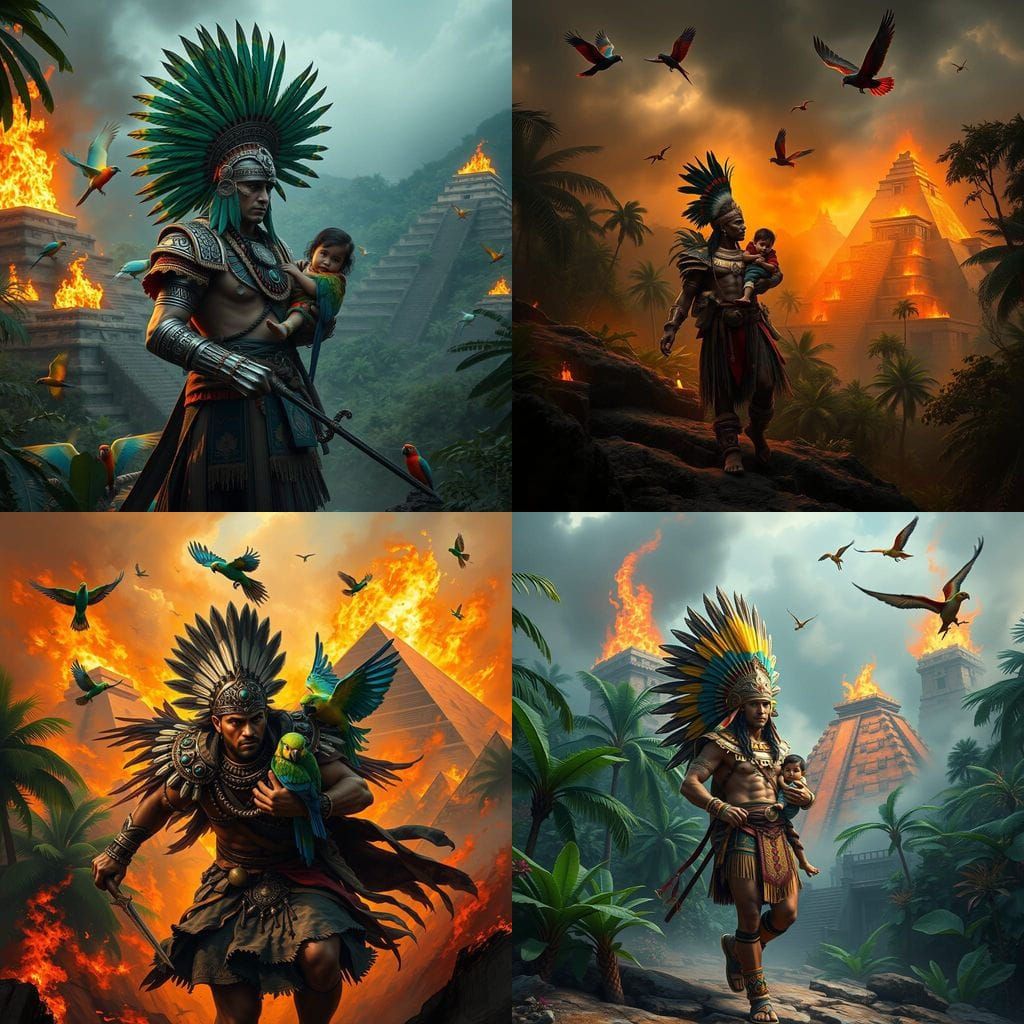 Warrior Rescues Parrots Amidst Fiery Pyramids