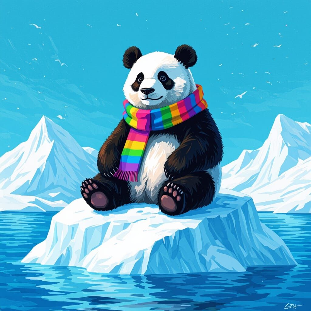 Rainbow Panda on Iceberg in Charcoal Style