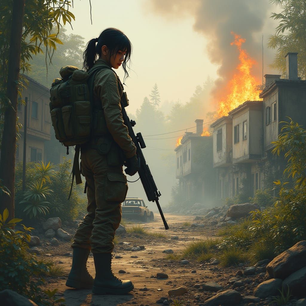 Female Soldier in Jungle Ruins, Photorealistic Digital Art