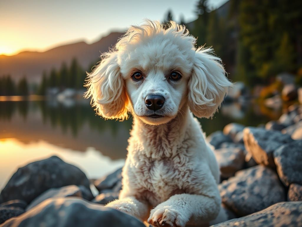 Hyperrealistic White Poodle in Serene Mountain Landscape