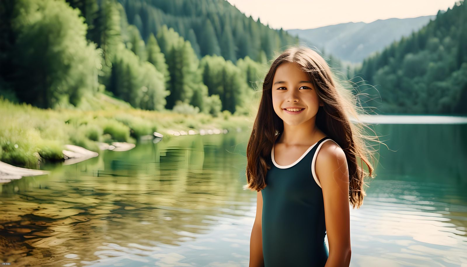 Smiling Girl in Swimsuit at Mountain Lake