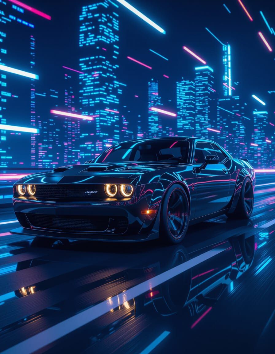 Futuristic Obsidian Muscle Car Speeds Through Digital Realm