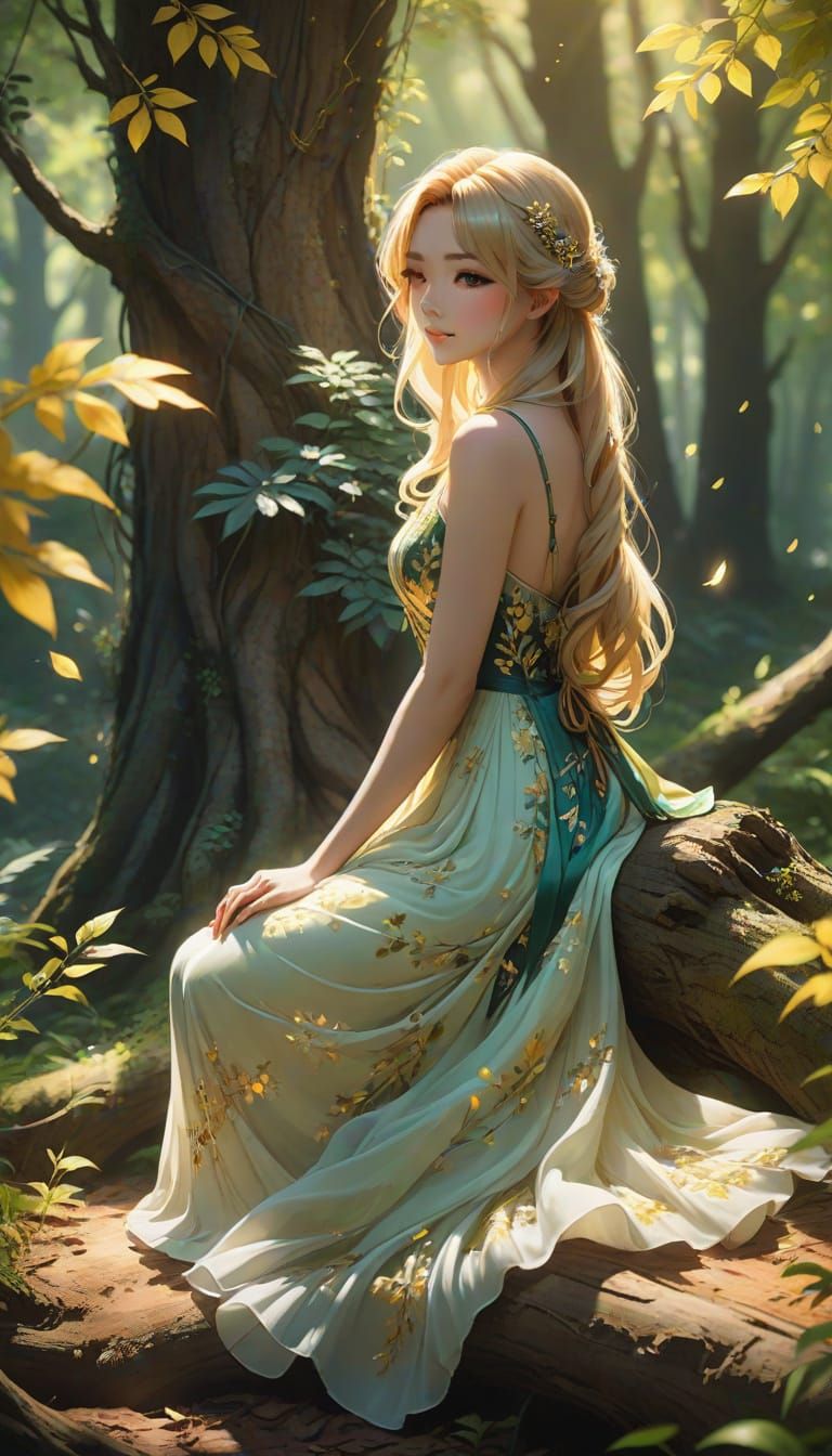 Young Woman in Whimsical Anime Forest