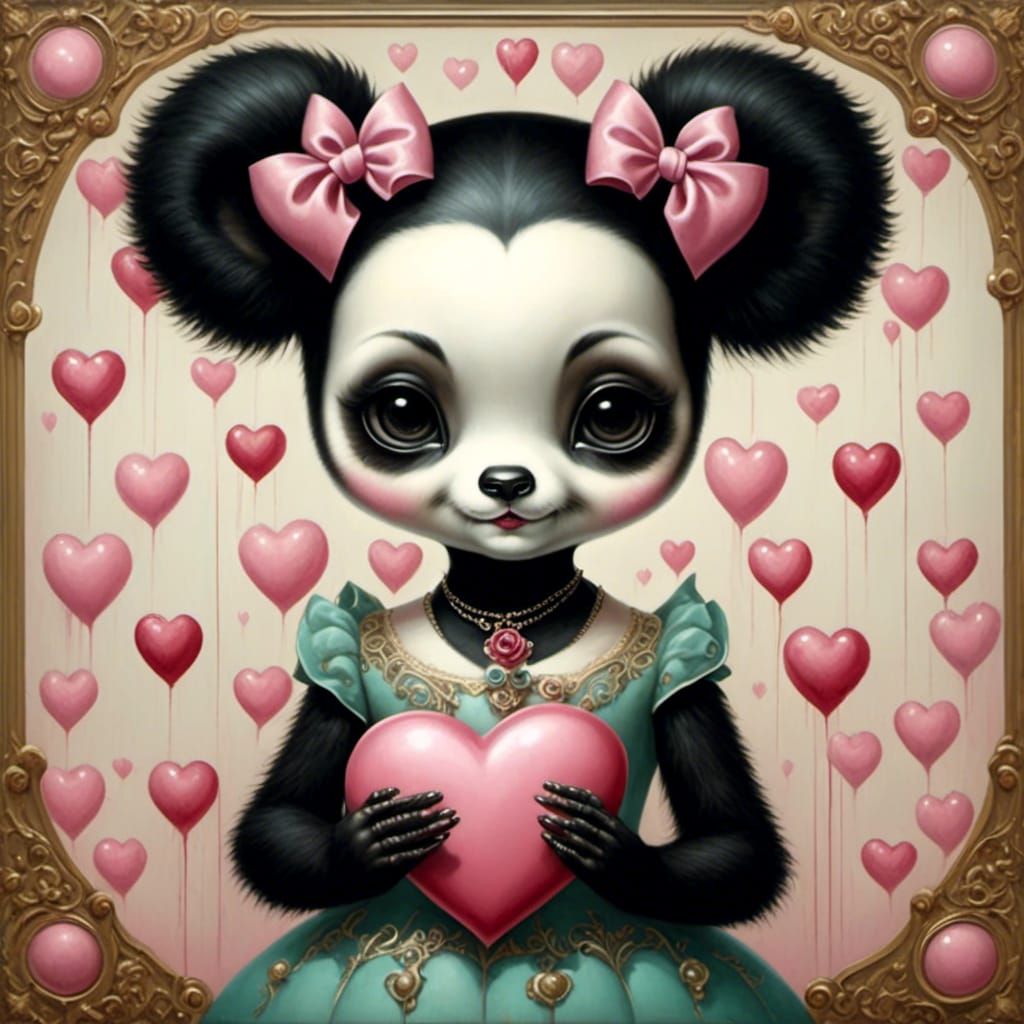 Cute Panda Girl with Heart in Mark Ryden Style