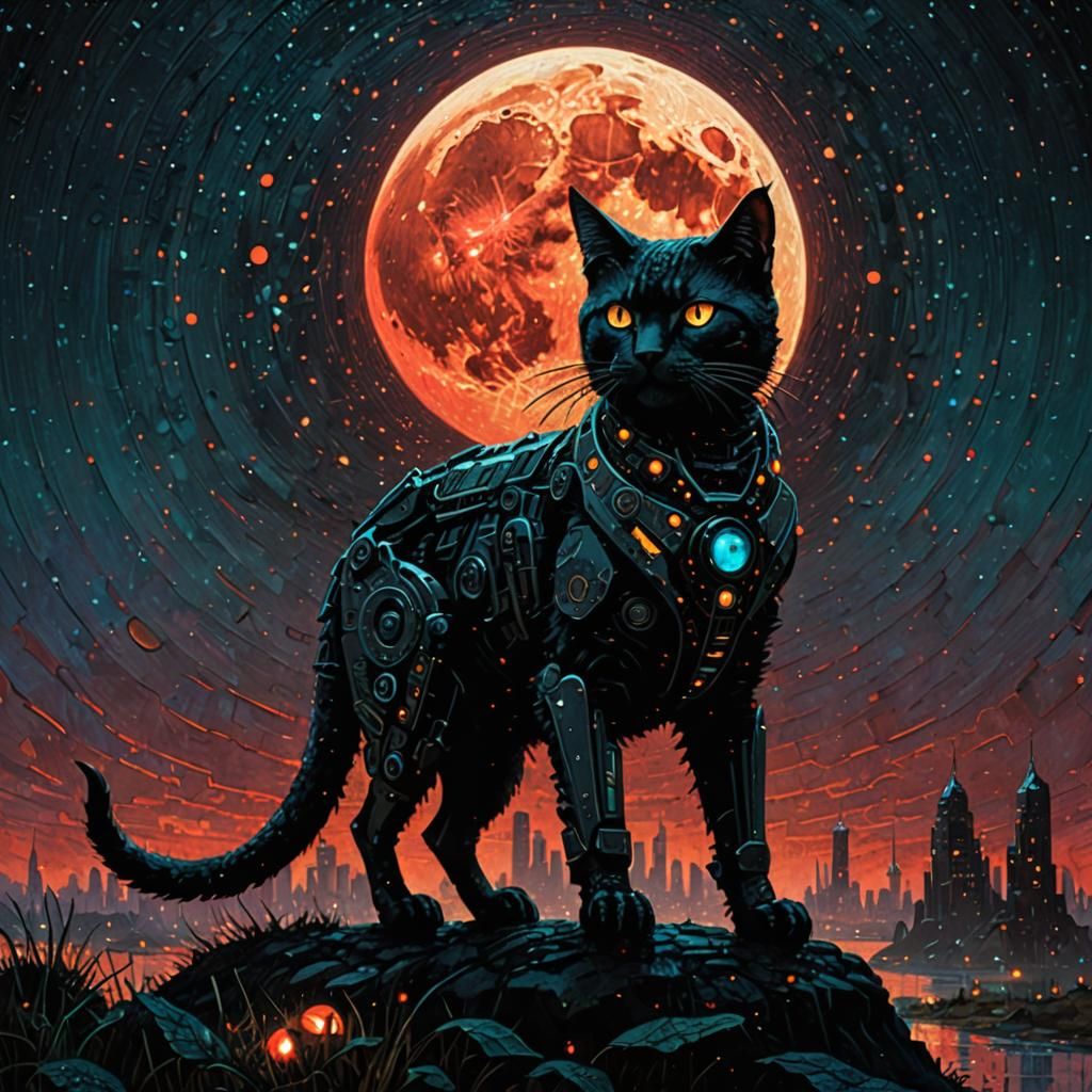 Bioluminescent Cyborg Cat Silhouetted on Rainy Night