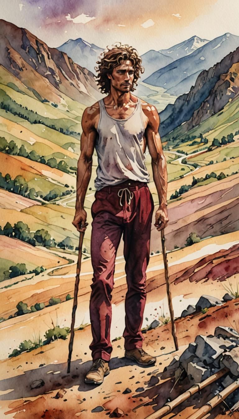 Tired Man on Guard with Baton in Watercolor
