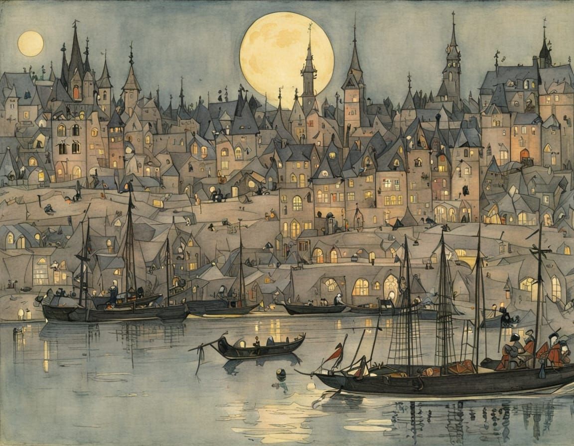 Medieval Port City Under Full Moon: Ludwig Bemelmans and Art...