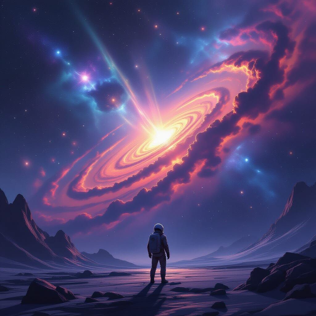 Astronaut Gazes at Cosmic Collision on Crystal Planet