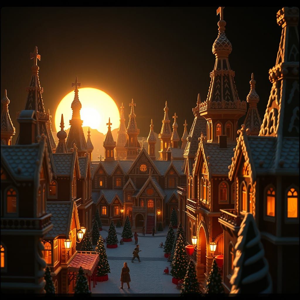 Whimsical Gingerbread Cityscape in Cinematic Style