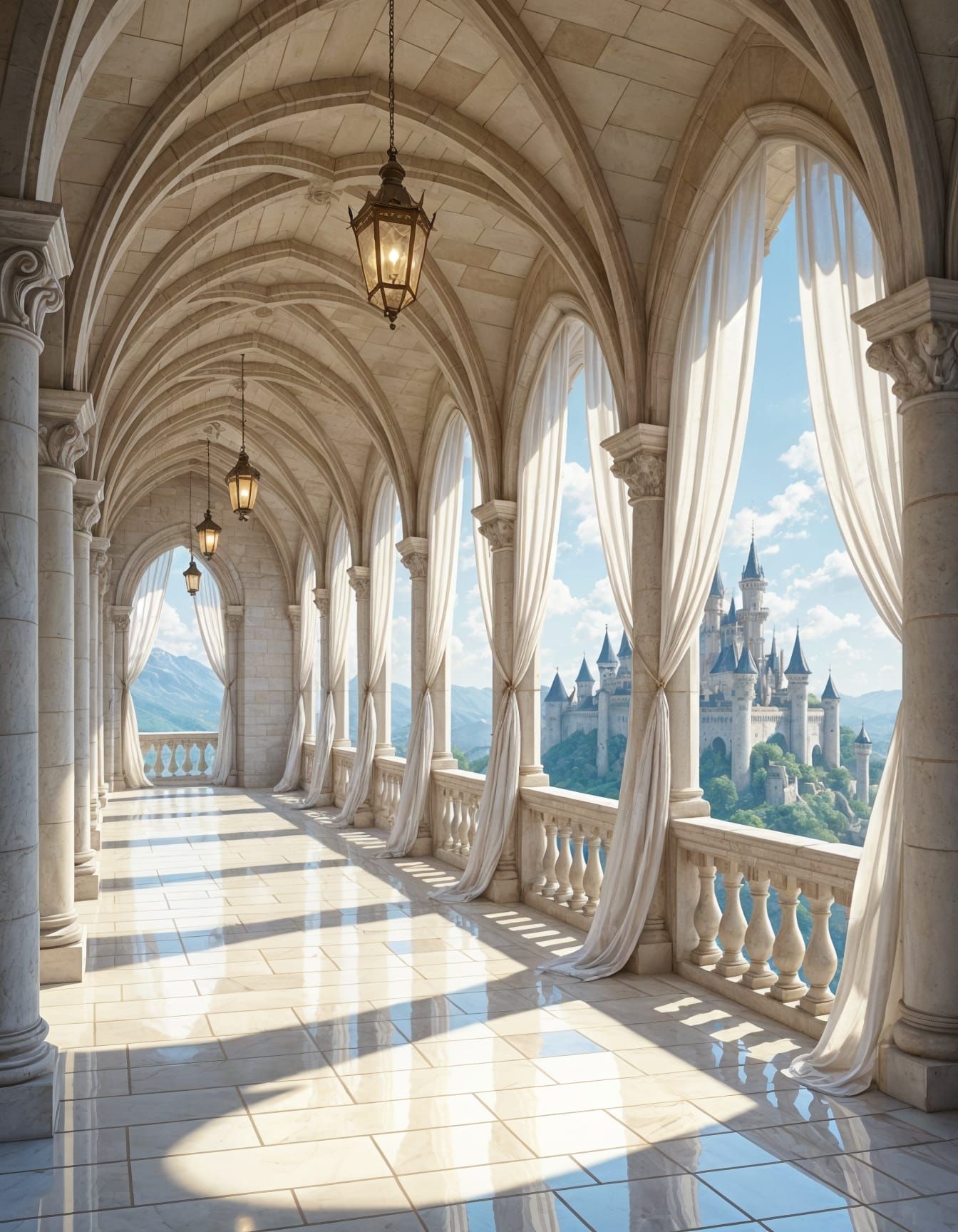 Castle Hallway Overlooking Magical Medieval Kingdom