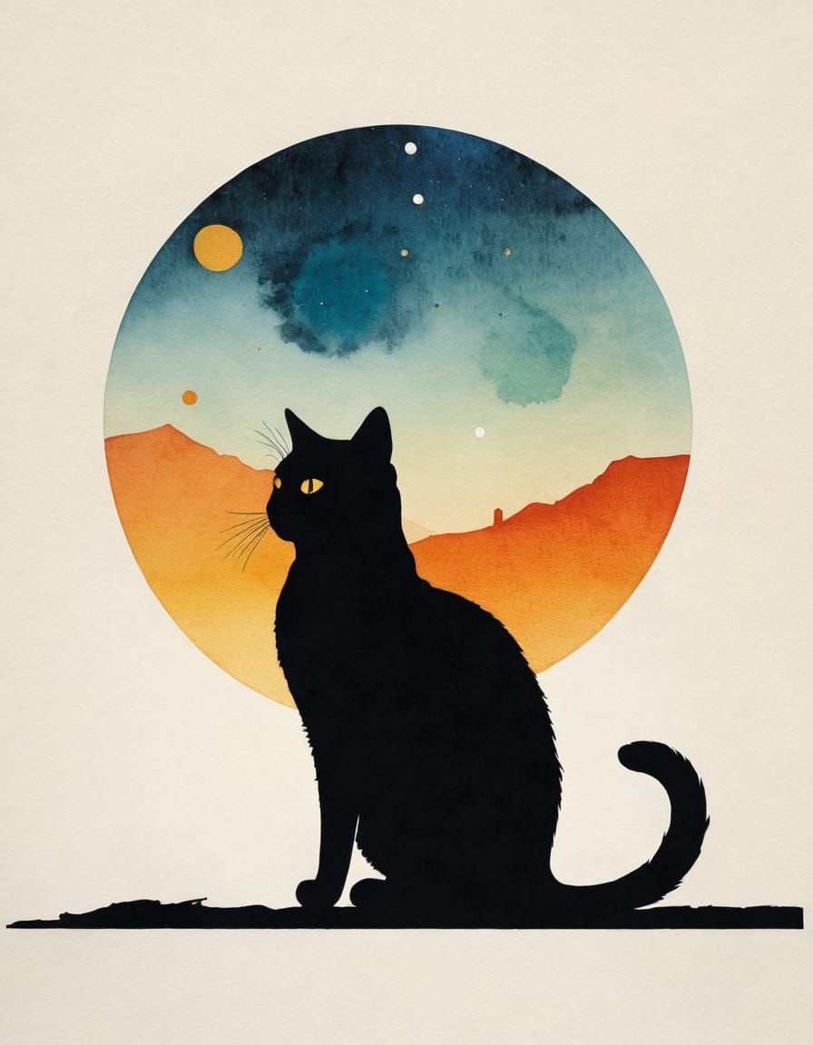 Polka Dot Cat Silhouette in Colourful Sky