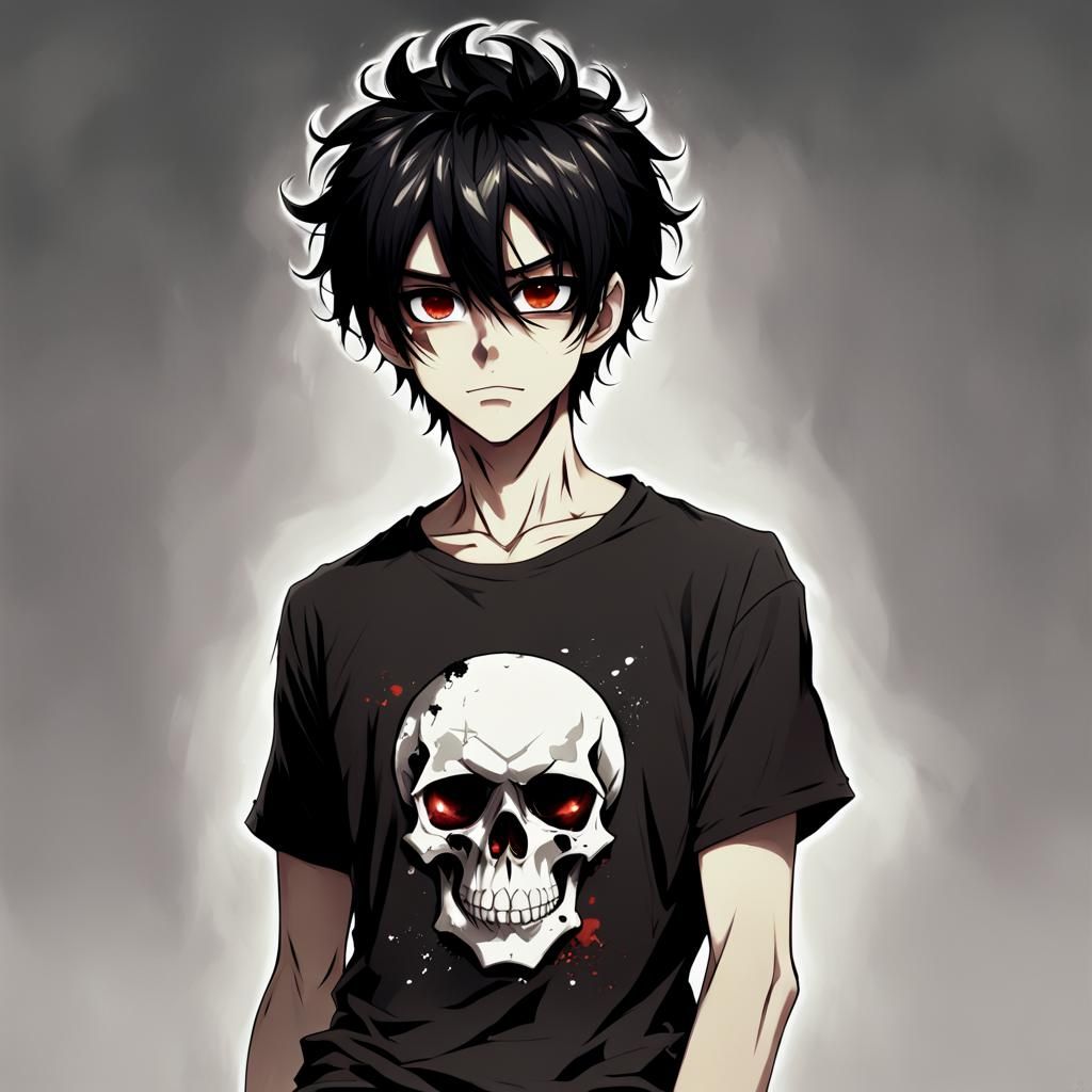 Anime Style Boy with Skull T-Shirt