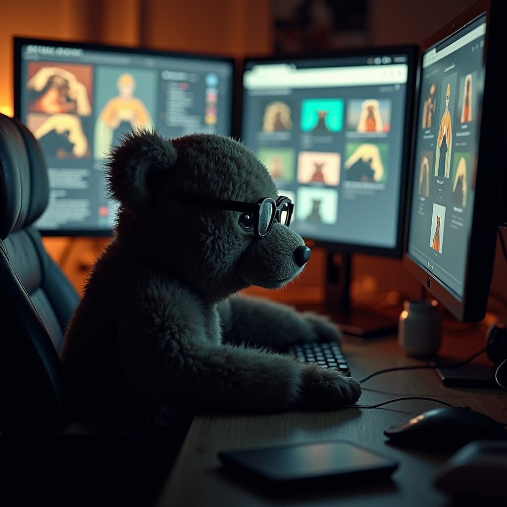 Teddy Bear Coder in Cinematic Lighting