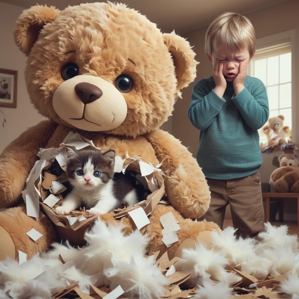 Mischievous Kitten Destroys Teddy Bear