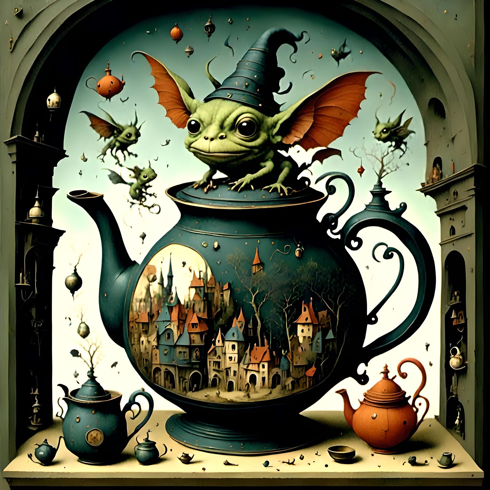 Mischievous Gremlin Teapot in Stained Art Style