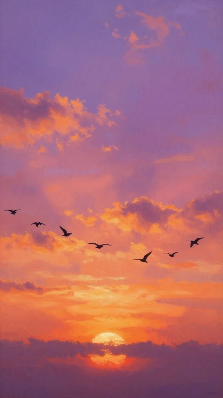 Vibrant Sunset with Birds in Impressionistic Oil Style