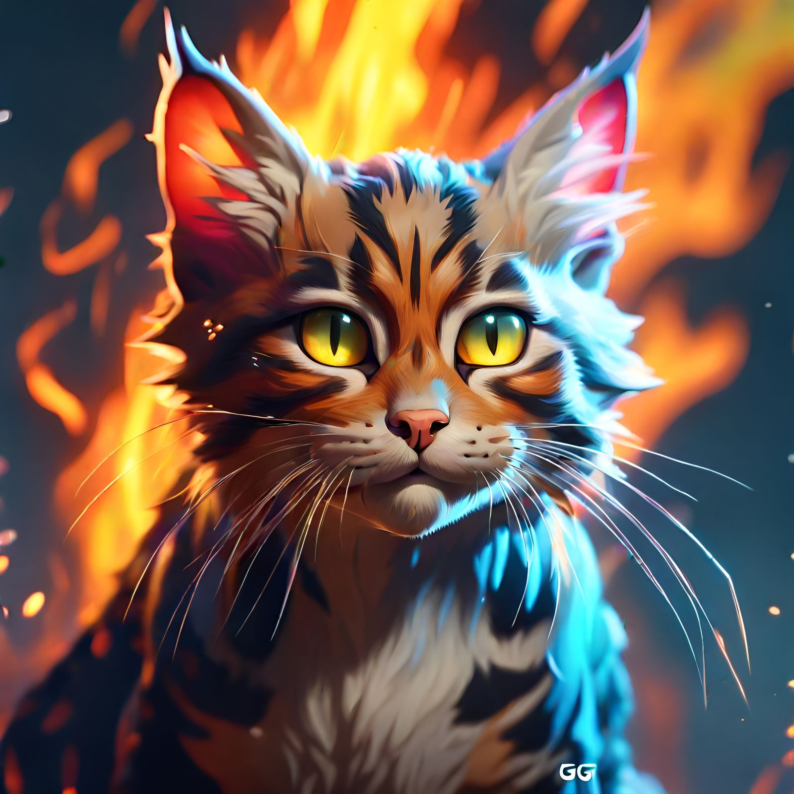 Hyperrealistic Fire Cat Portrait in Splash Art Style