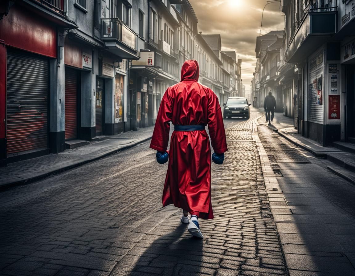 Boxer in Robe Walking Down City Street