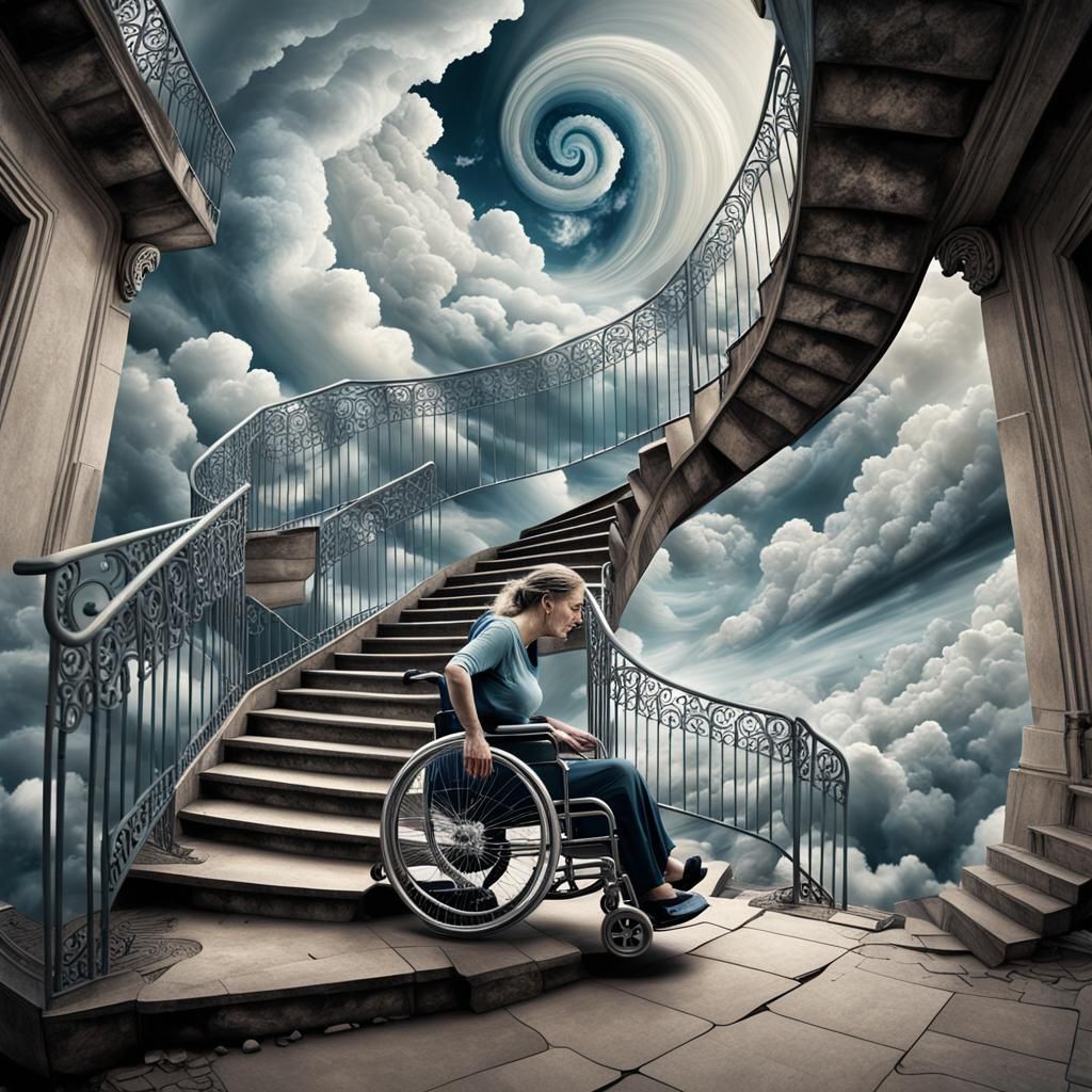 Surreal Stairways Dreamscape with Woman in Wheelchair