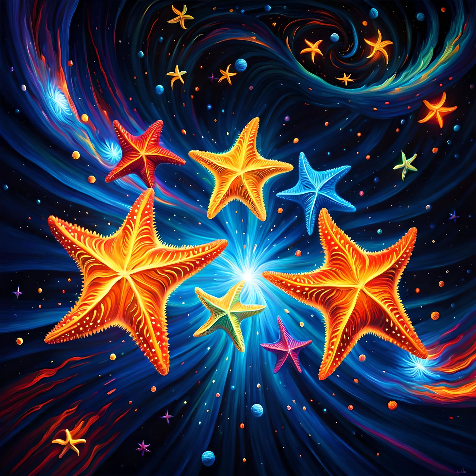 Luminescent Starfish Swirling in Space as Impasto Painting