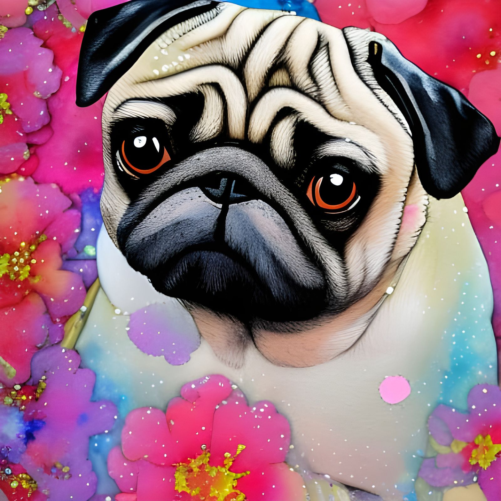 Glittering Pug Portrait in Watercolor Manhwa Style