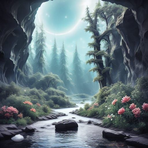 Illuminated Cityscape Hidden in a Bioluminescent Cave