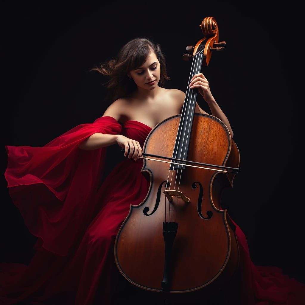 A studio quality photograph of a beautiful woman wearing a red gown playing a magnificently presented treble-clef shaped...