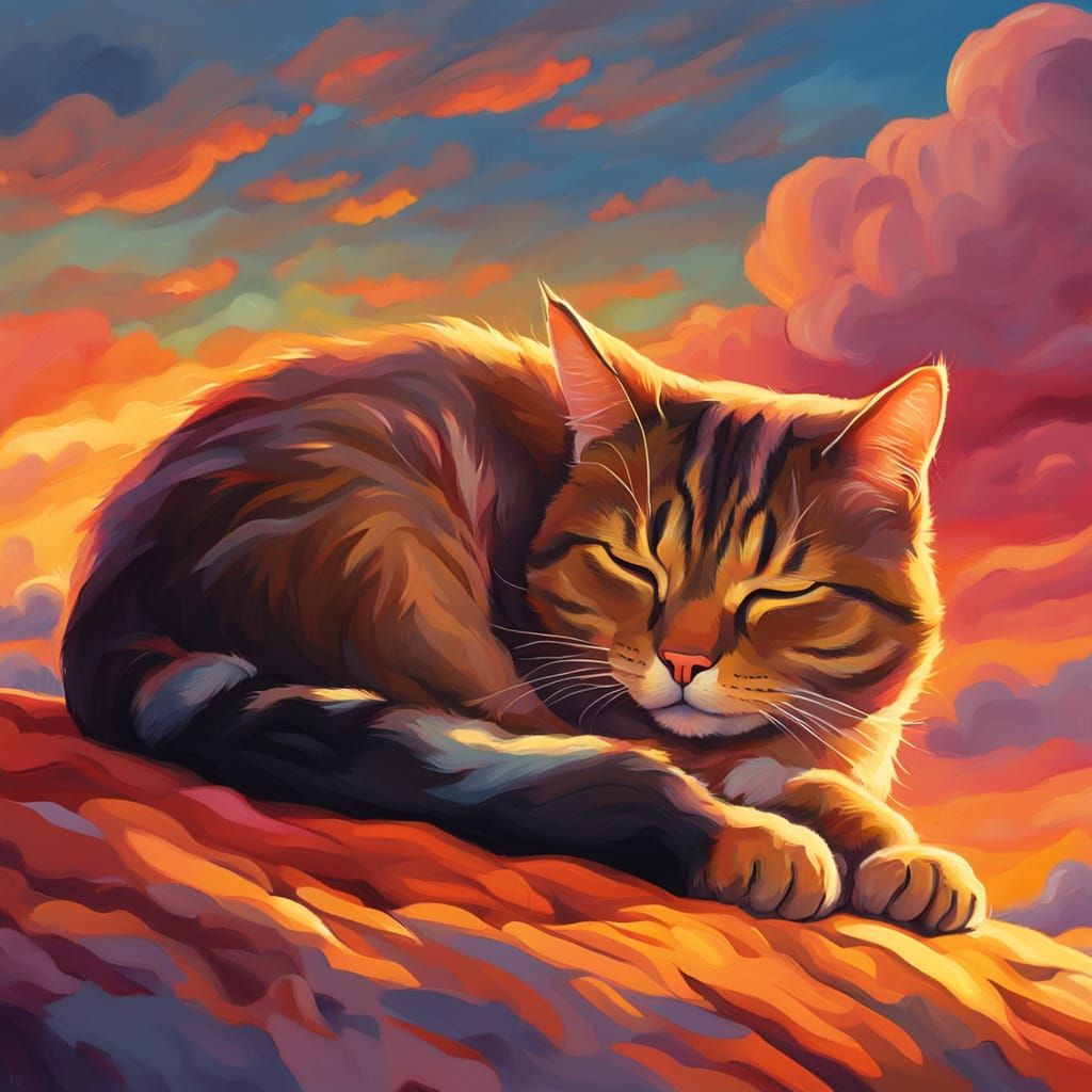 Sleeping Cat Oil Painting in Golden Sunset Light