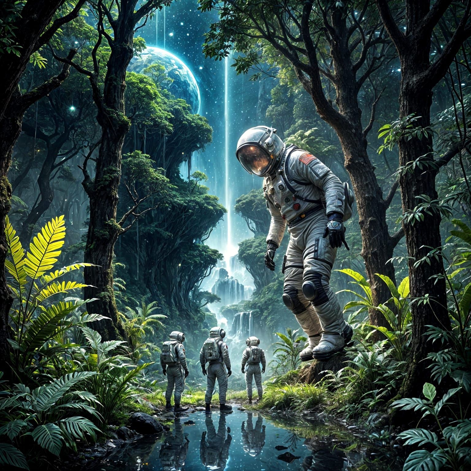 Astronauts exploring a vibrant alien jungle at twilight