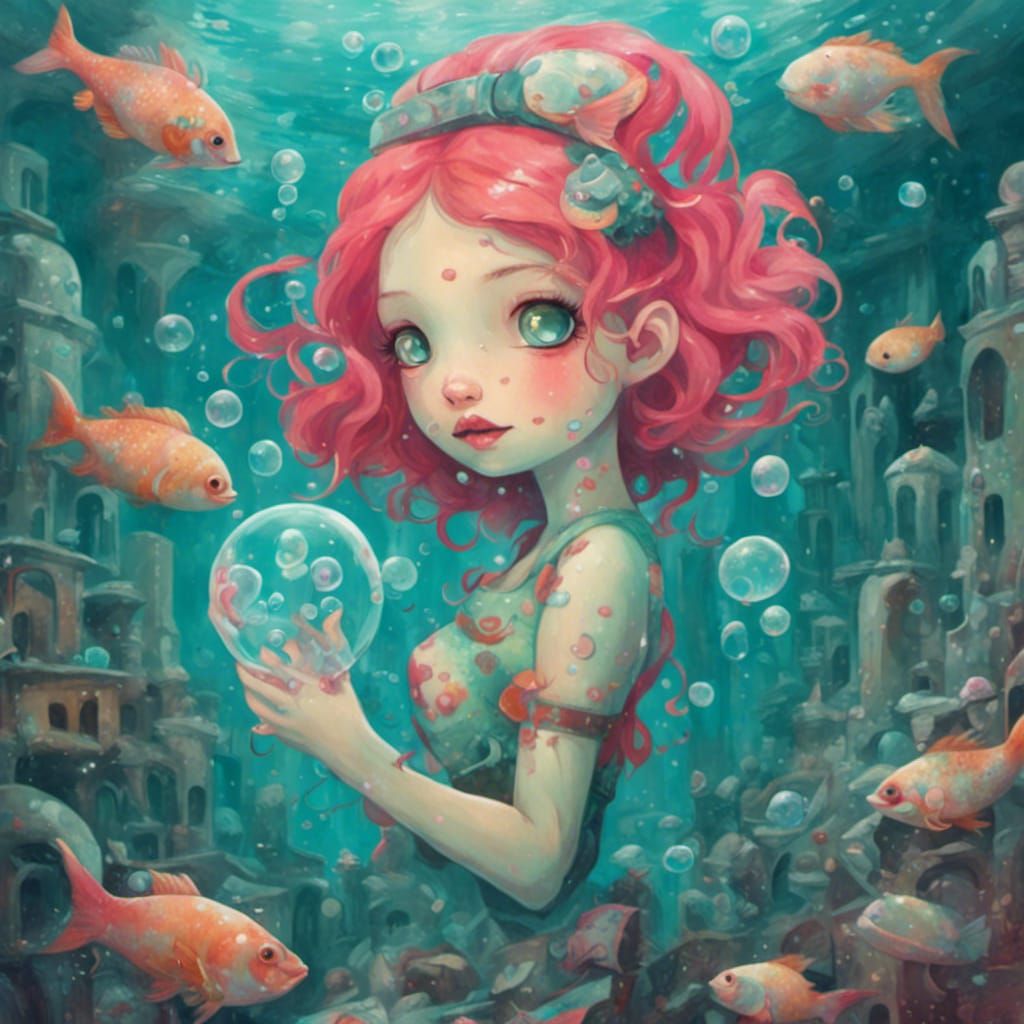 Surreal Mermaid in Abandoned Atlantis, Odd Art Style