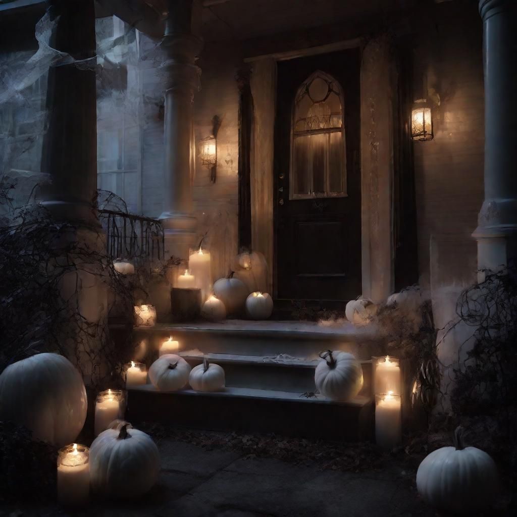 Ethereal White Halloween Decorations on Victorian Porch