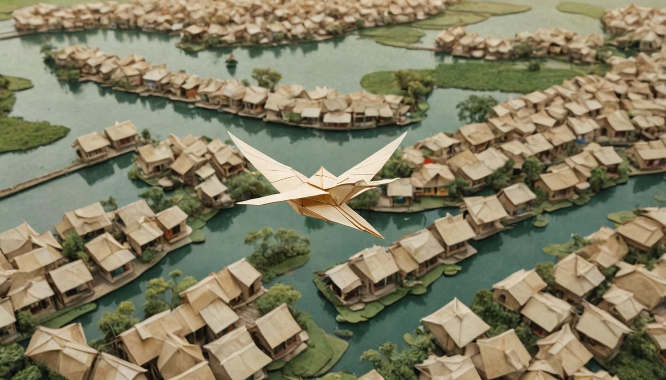 Origami Bird Over Traditional Village in Watercolor Style