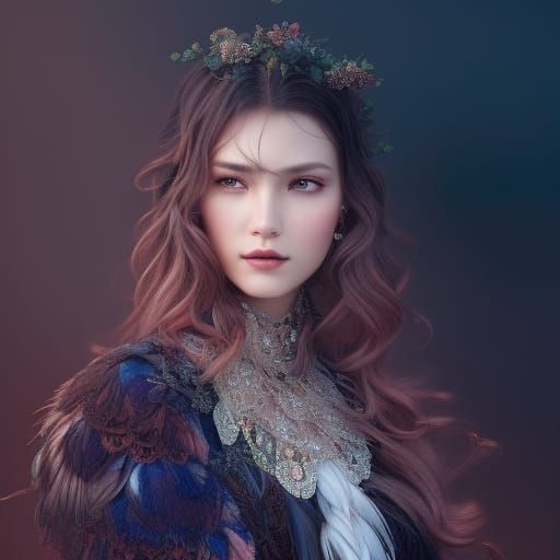 Feathered Portrait: Young Woman in Hyperdetailed Lighting