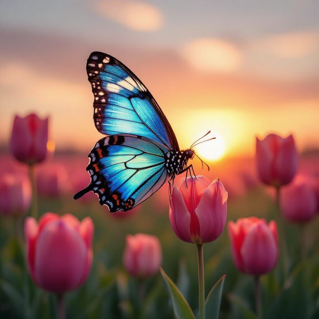Celeste Butterfly Among Vibrant Tulips at Sunset