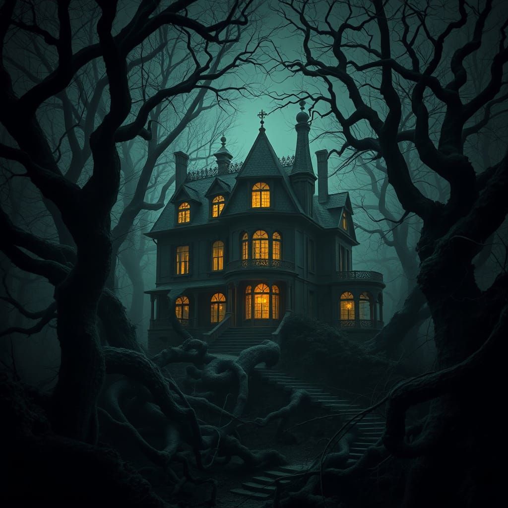 Gothic Villa Consumed by Twisted Forest in Dark Romantic Sty...