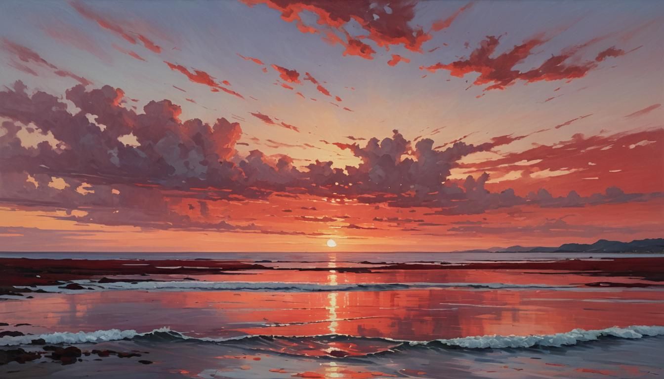 Red Oceanside Sunset: A Tranquil AI Landscape