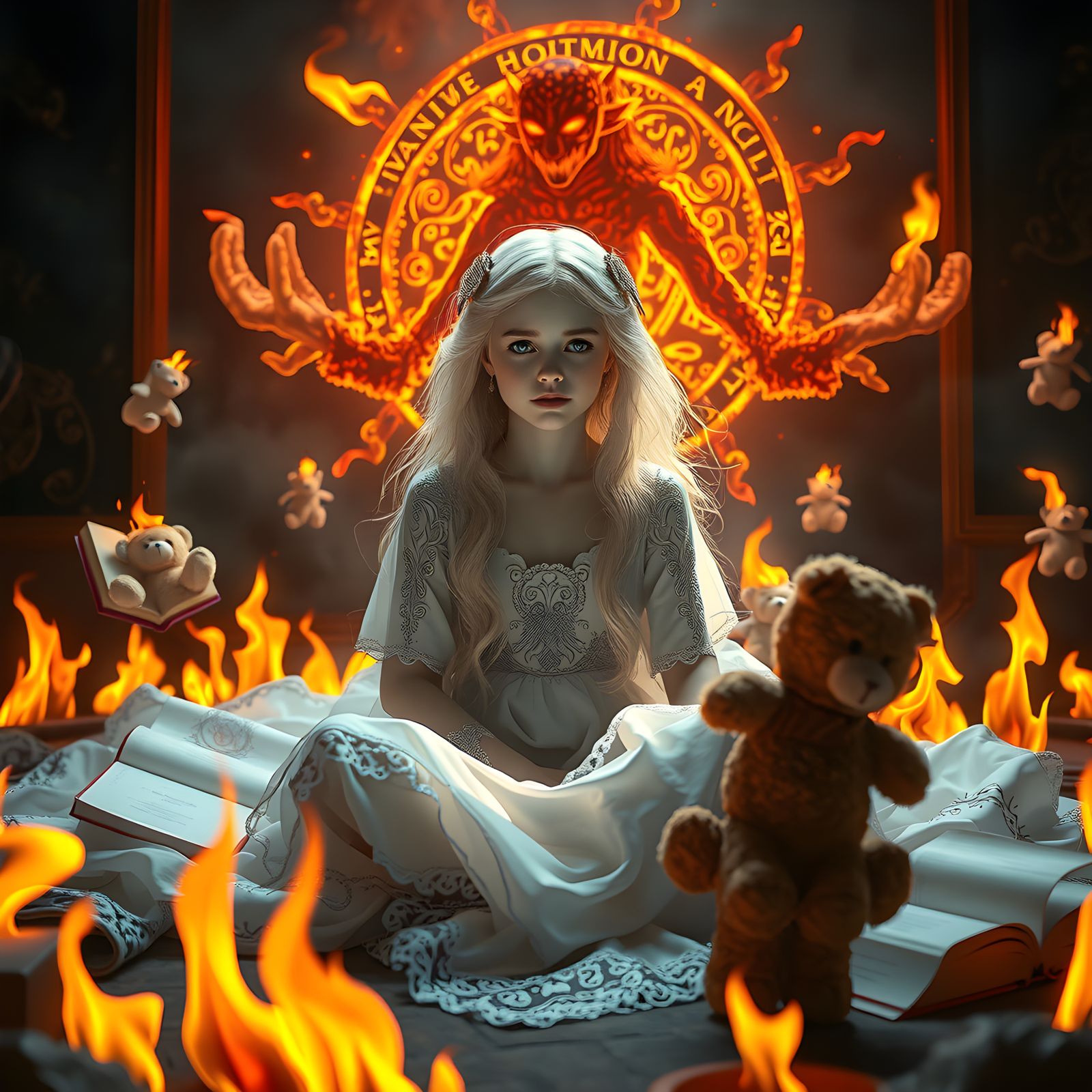 Girl in Flames with Mystical Portal, Fantasy Art