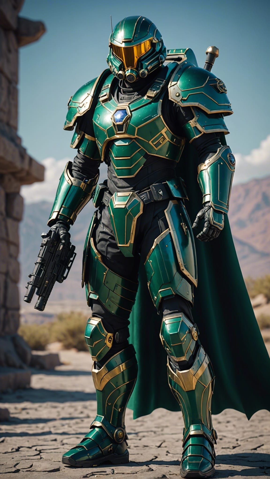 Emerald Armored Helldiver in Sci-Fi Setting
