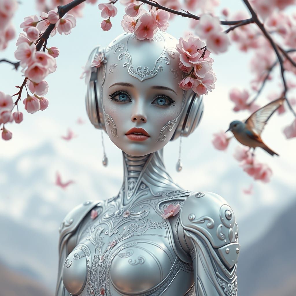 Elegant Cyborg with Floral Metal Body in Anime Style