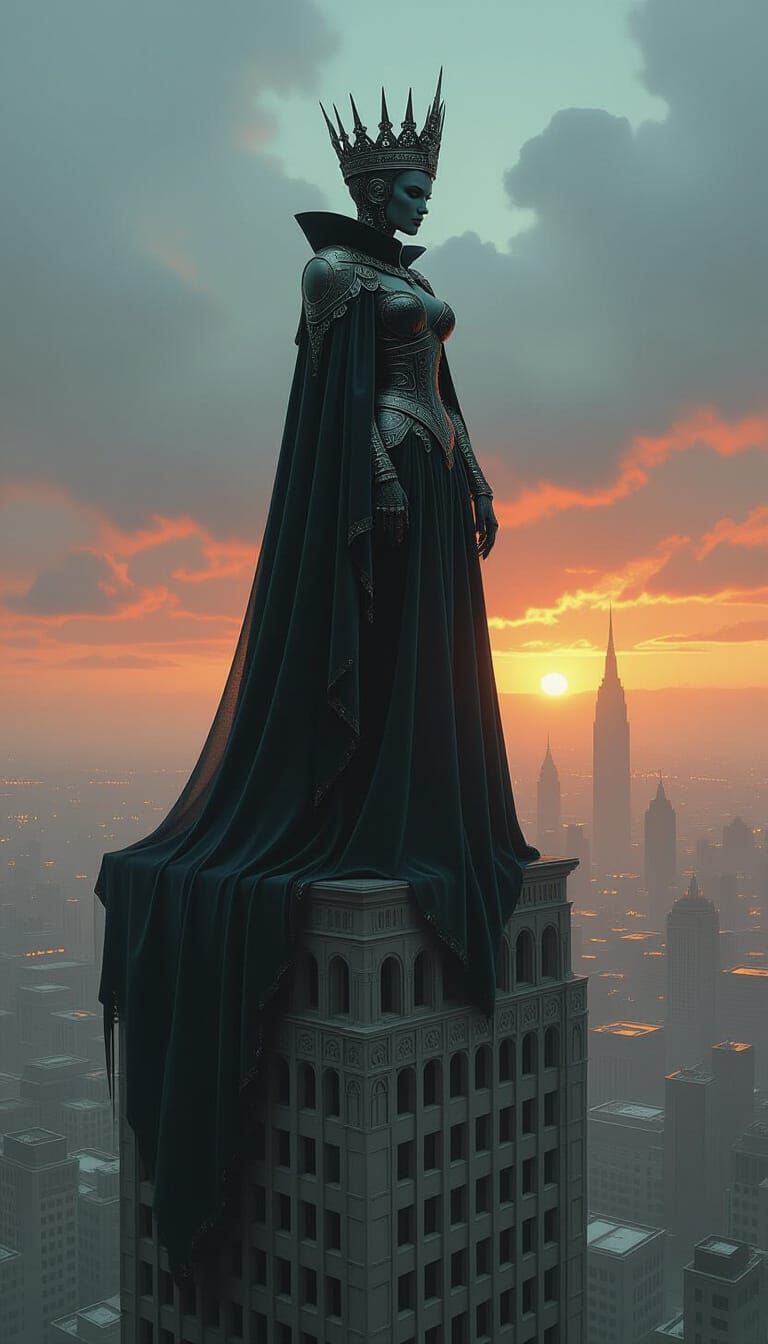 Biomechanical Queen Surveys Dystopian Metropolis in Dark Fan...