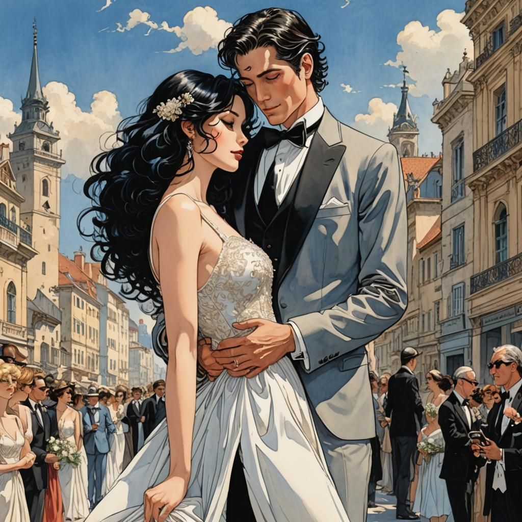 Romantic Wedding Kiss in Animated Style