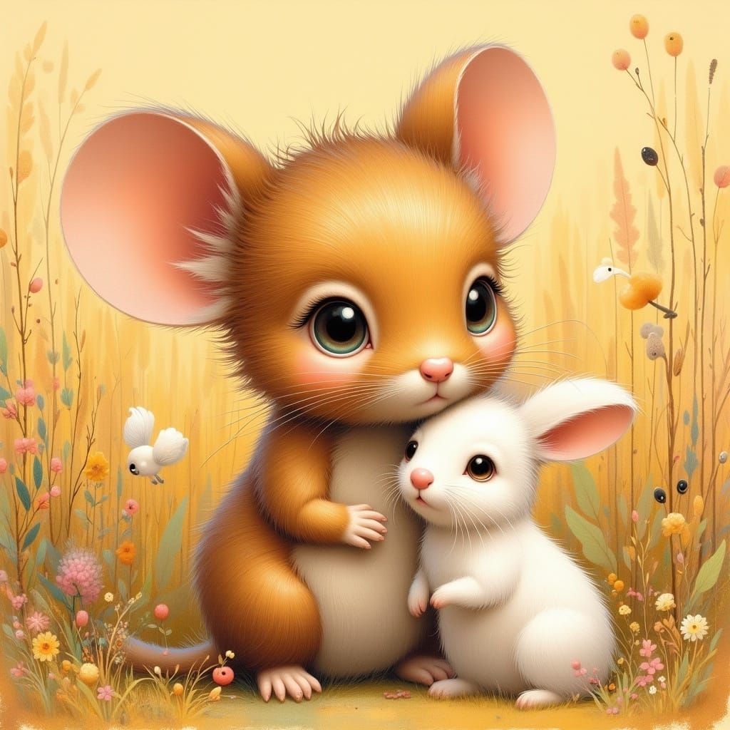 Whimsical Honey Mouse Cuddles Snowy Rabbit Friend